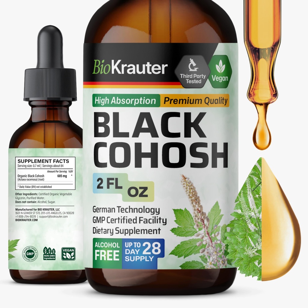 BIO KRAUTER Black Cohosh Root Tincture - Vegan Black Cohosh Suplementos Mujeres Apoyo - Alcohol y azúcar Gratis - 2 Fl.Oz.
