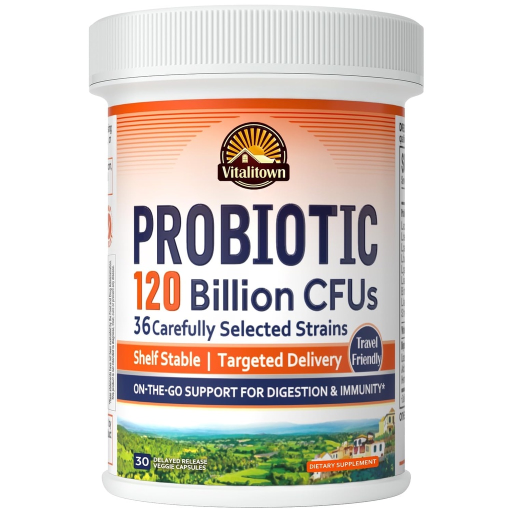 Probióticos de Vitalitown 120 Billones CFUs, 36 Estrechos, Prebióticos, Enzimas Digestivos para Mujeres Hombres, Lanzamiento Dilatado, Estable de Estante, Sobre el apoyo Digestivo Go, 30 Caps de Veg