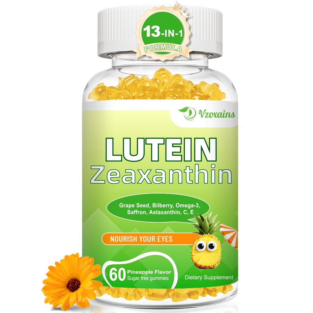 Lutein 20 mg con Zeaxanthin Gummies, Lutein y Zeaxanthin Suplementos con Vitaminas Oculares C, E, Bilberry para Salud Ocular - 60Cts