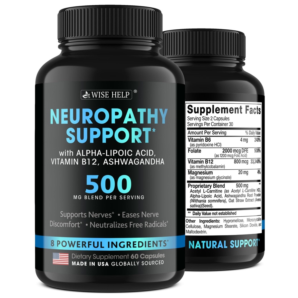 Neuropatía Soporte Alivio de Descomfort Natural Nerve - Hecho en EE.UU. - Antioxidante Nerve para Neuralgia Trigeminal, Neuropatía Diabética " Periférica - Manos, Cuello, Pies " Tratamiento de los Dedos Fórmula - 60 Caps