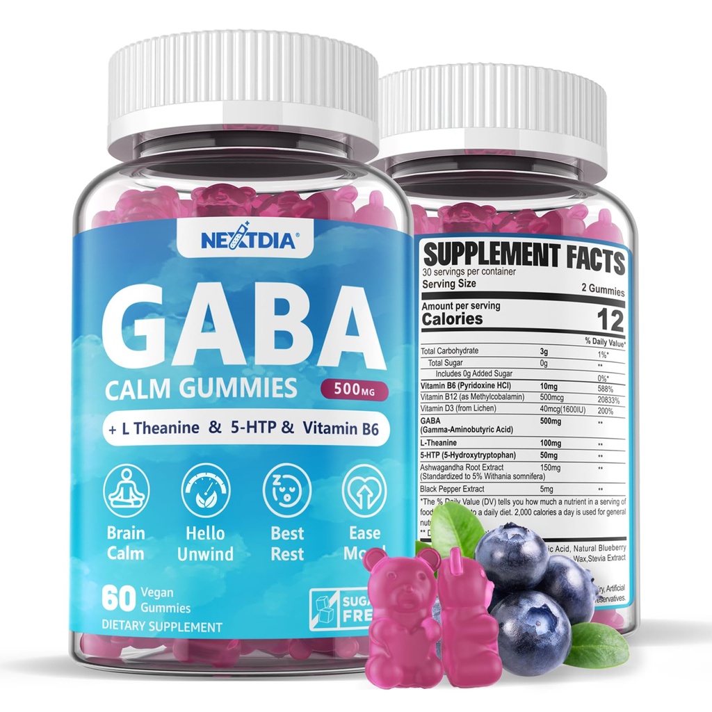 GABA Gummies 500 mg - Mangas de calma sin azúcar con L Theanine, 5-HTP, Vitaminas D3, B12, Ashwagandha, Melatonin-Free for Brain Calm, Mood, Zzz Better, Suplemento GABA para Adulto, Blueberry Flavor, 1Pack