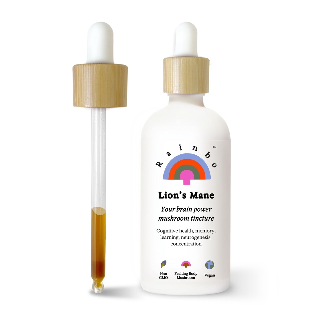 Rainbo - Mane Mushroom de León Tintura - Alcohol Gratis - Dual Extract Mushroom Supplement - Brain Support, Focus, Memory, Liquid Lion's Mane Supplement, Vegan, Non GMO, 3.4 fl oz