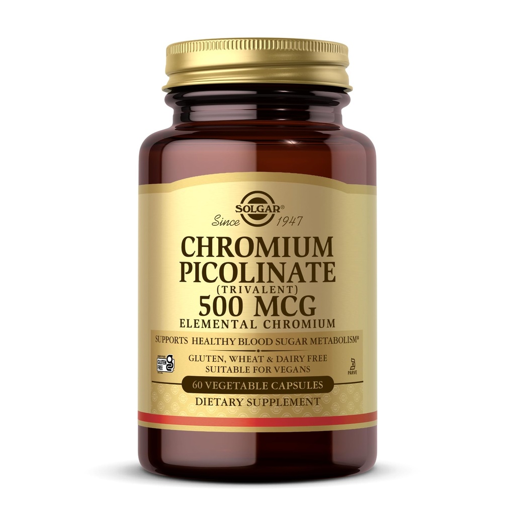 Solgar Chromium Picolinate 500 mcg - 60 cápsulas vegetales - Soportes Azúcar, Gordo &amp; Proteína Metabolismo - No GMO, Gluten Gratis, Kosher - 30 Servimientos