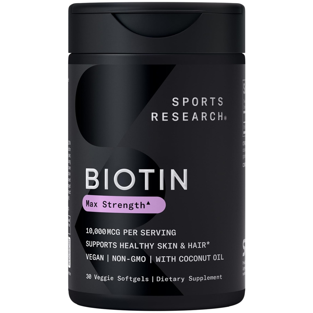 Sports Research® Biotin 10,000mcg con aceite de coco orgánico - Biotina (Vitamin B7) para la piel y el cabello saludables* - para mujeres y hombres - Vegan, No GMO, Gluten &amp; Soy-Free - 30 Veggie Softgels