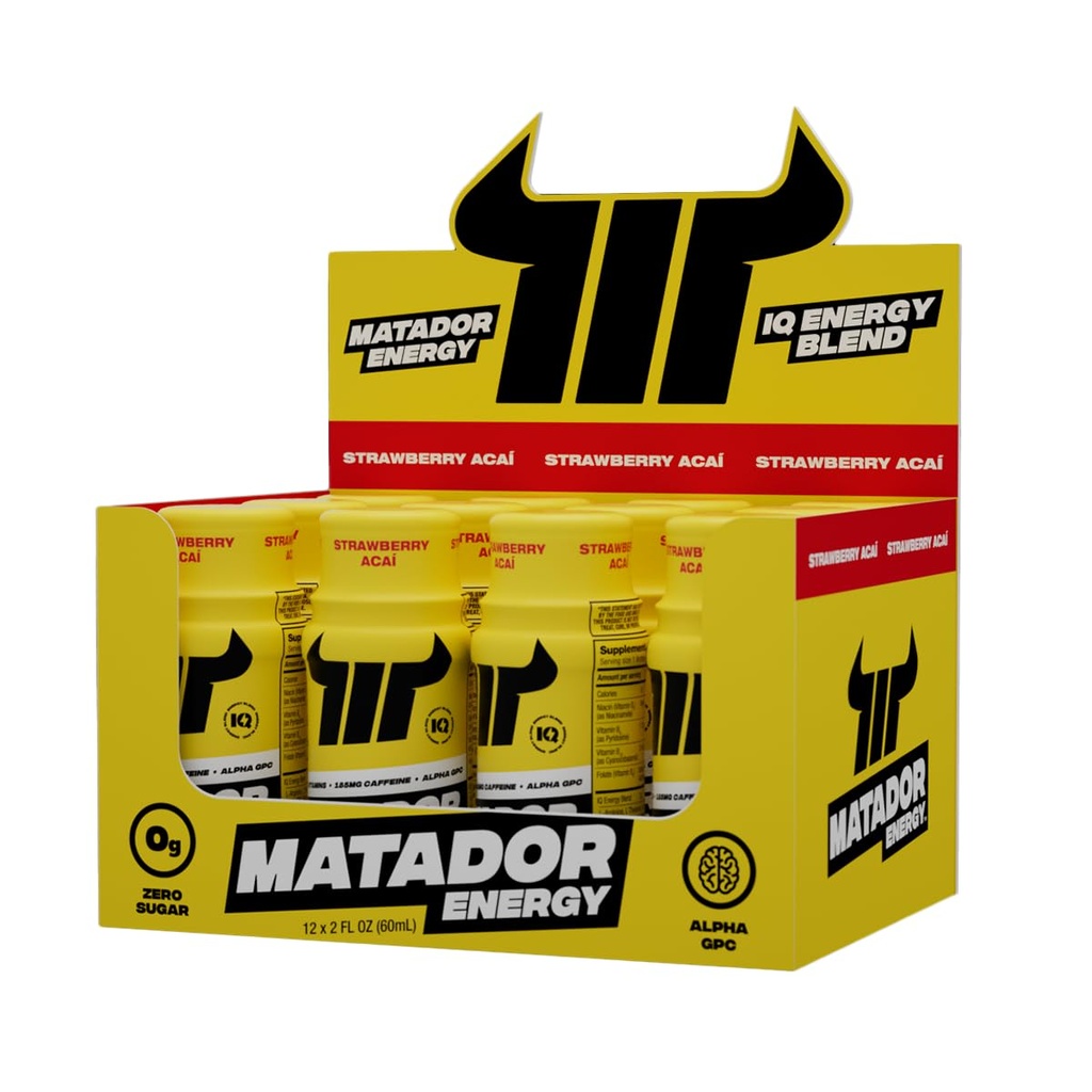Zapatos de energía MATADOR Extra Strength Mini Energy Drinks w/B Complex Vitamins (Vitamin B12-B9-B6-B3), Alpha GPC Nootropic IQ Energy, Coffee Bean Extract Caffeine Shots, 24 Energy Drink Strawberry Acai