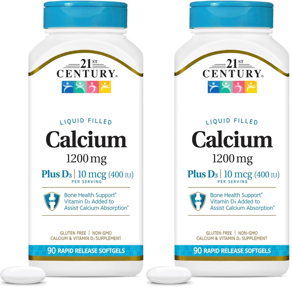 21st Century Calcium Plus D3 Liquid Filled Softgel, 1200 mg, 90 Cuenta (Pack of 2)