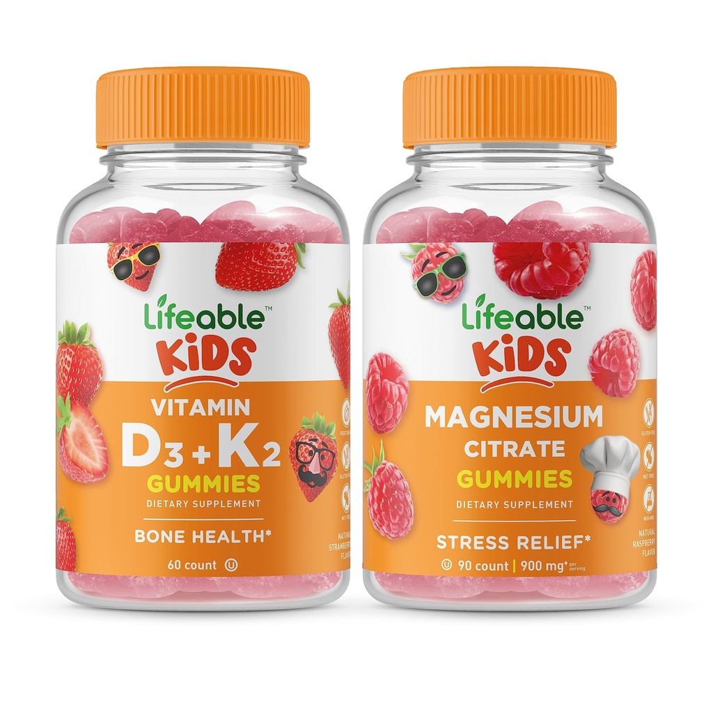 Vitamina vital D3 + Vitamina K2 Niños + Magnesio Niños, Gummies Bundle - Gran Tasting, Suplemento de vitamina, Gluten Gratis, GMO Gratis, Chewable Gummy