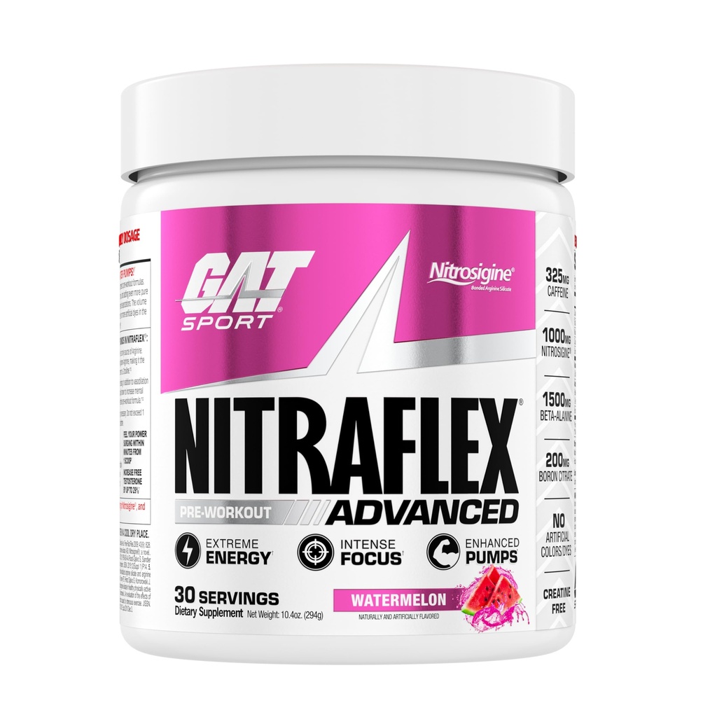 GAT SPORT Nitraflex Advanced Pre-Workout Powder, aumenta el flujo sanguíneo, aumenta la fuerza y la energía, mejora el rendimiento del ejercicio, libre de crema (Watermelon, 30 servidos)