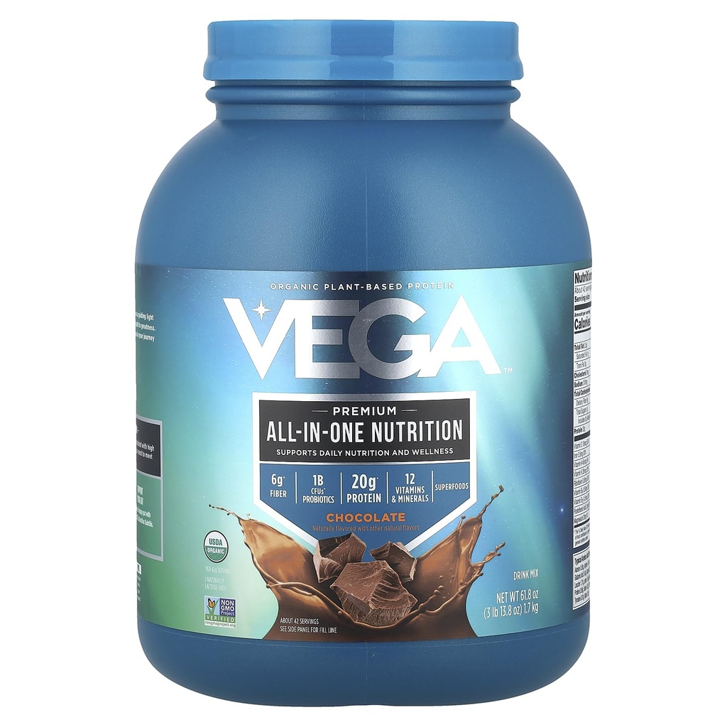 Vega All in One Nutrition Organic - 20g Plant-Based Pea Protein, Chocolate, 42 Servings, Vitaminas A &amp; C, Probiotics, Greens, Vegan, Keto, Gluten Free, 61.8oz (Packaging May Vary)