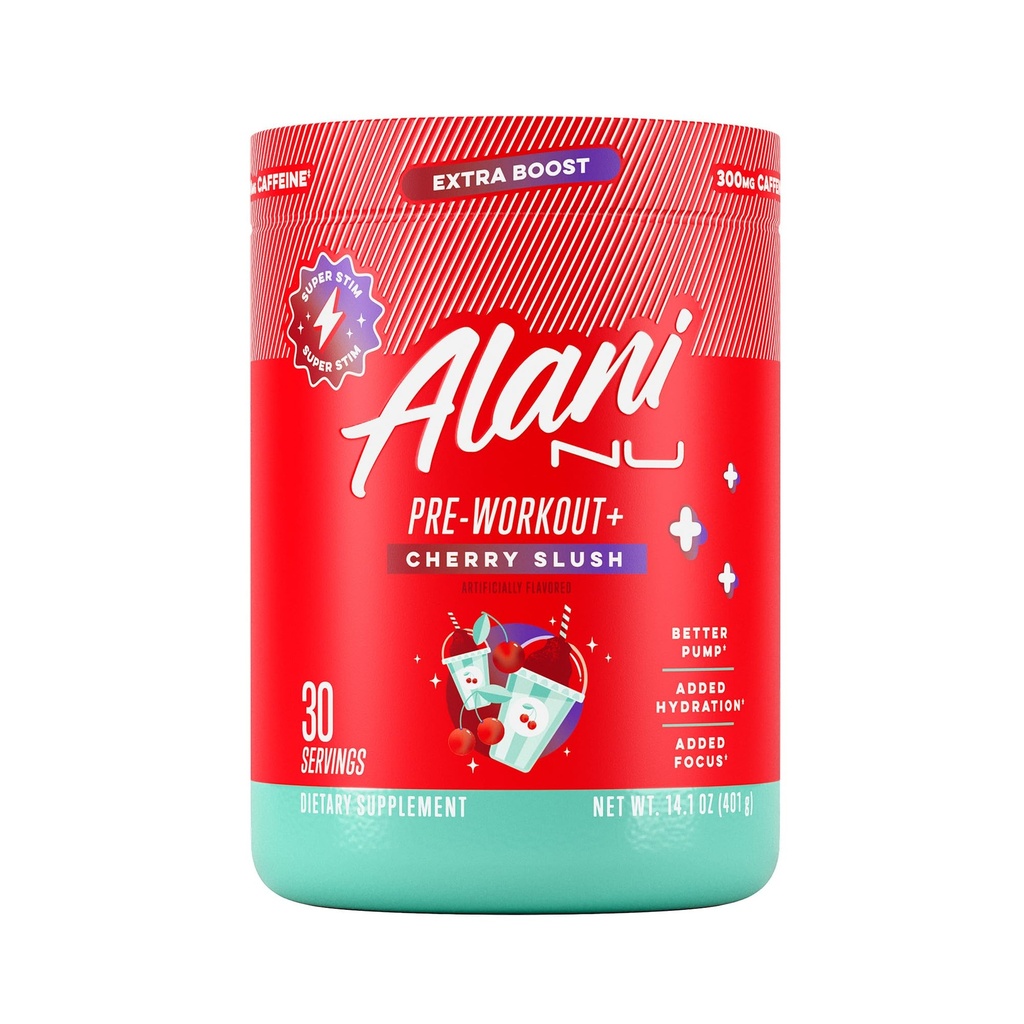 Alani Nu Pre Workout+ Powder Cherry Slush, Boost Extra, Sugar Gratis, 300 mg de cafeína, L-Theanine, Beta-Alanine, Citrulline, 30 Servings
