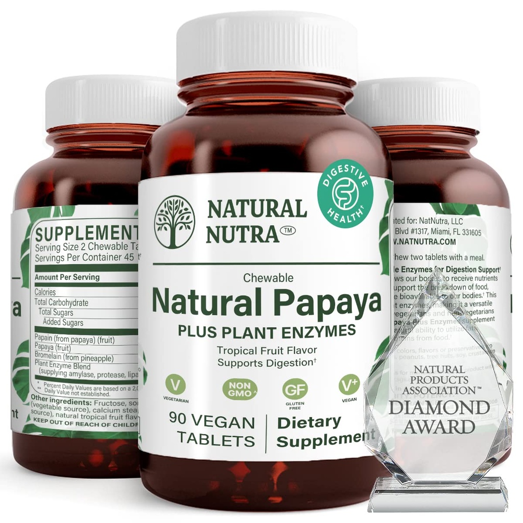 Natural Nutra Papaya Chewable Enzymes for Digestion and Body Cleanse - Apoya Digestive Health, Ease Gastrointestinal Discomfort - Nutrient Absorption and Reduces Bloating - 90 Vegan Tablets