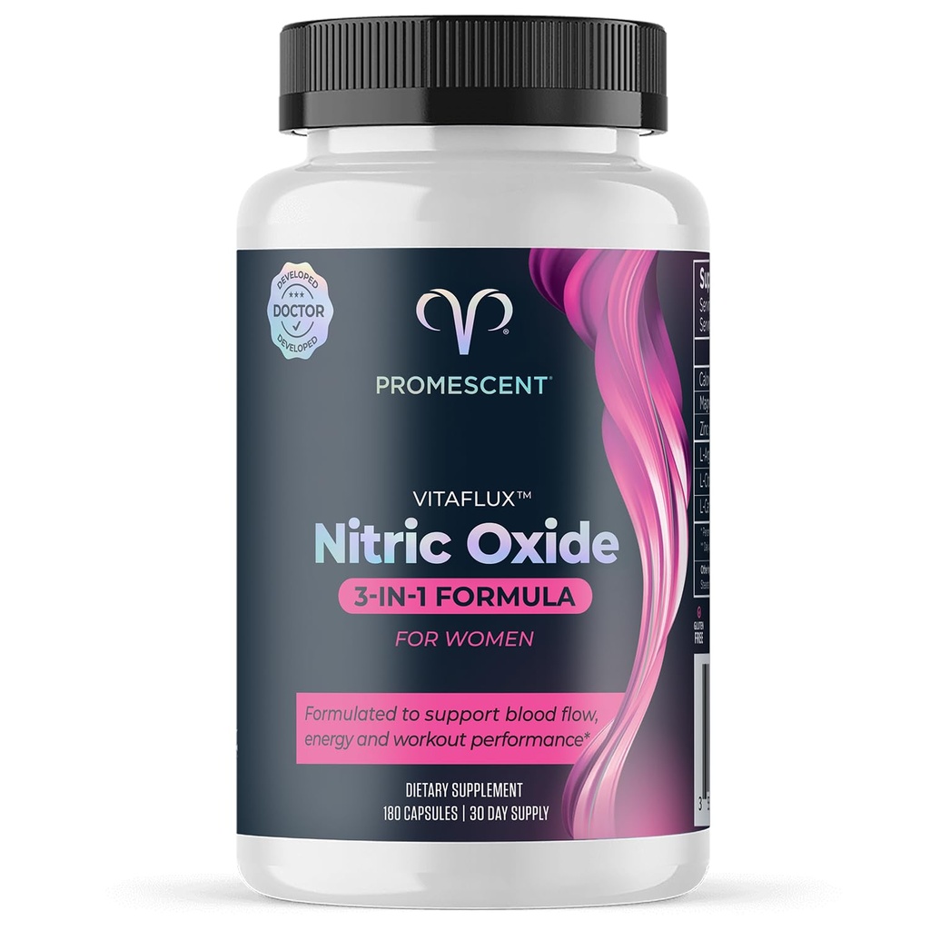 Promescent VitaFLUX Nitric Oxide Booster Suplemento, Boost Energy & Performance - Terapéutica Dose of Essential Amino Acids L Arginine, L Citrulline, L Carnitine, Zinc (180 cápsulas)