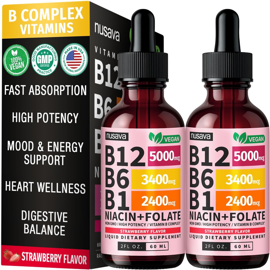 (2 Pack) Vitamina B12 y B6 Liquid Drops, B12 Sublingual Vitamina B Complejo - B 12 Vitamina 5000mcg - B12 Metilcobalamina for Energy, Brain y Heart Support con 27.200 mcg, Strawberry, 80 Servings