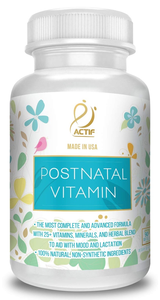 ACTIF Vitamina postnatal con 25+ Vitaminas orgánicas y hierbas orgánicas, Suplemento de Enfermería y Lactación, apoya el desarrollo cerebral del bebé, no GMO, hecho en EE.UU., 90 Conde