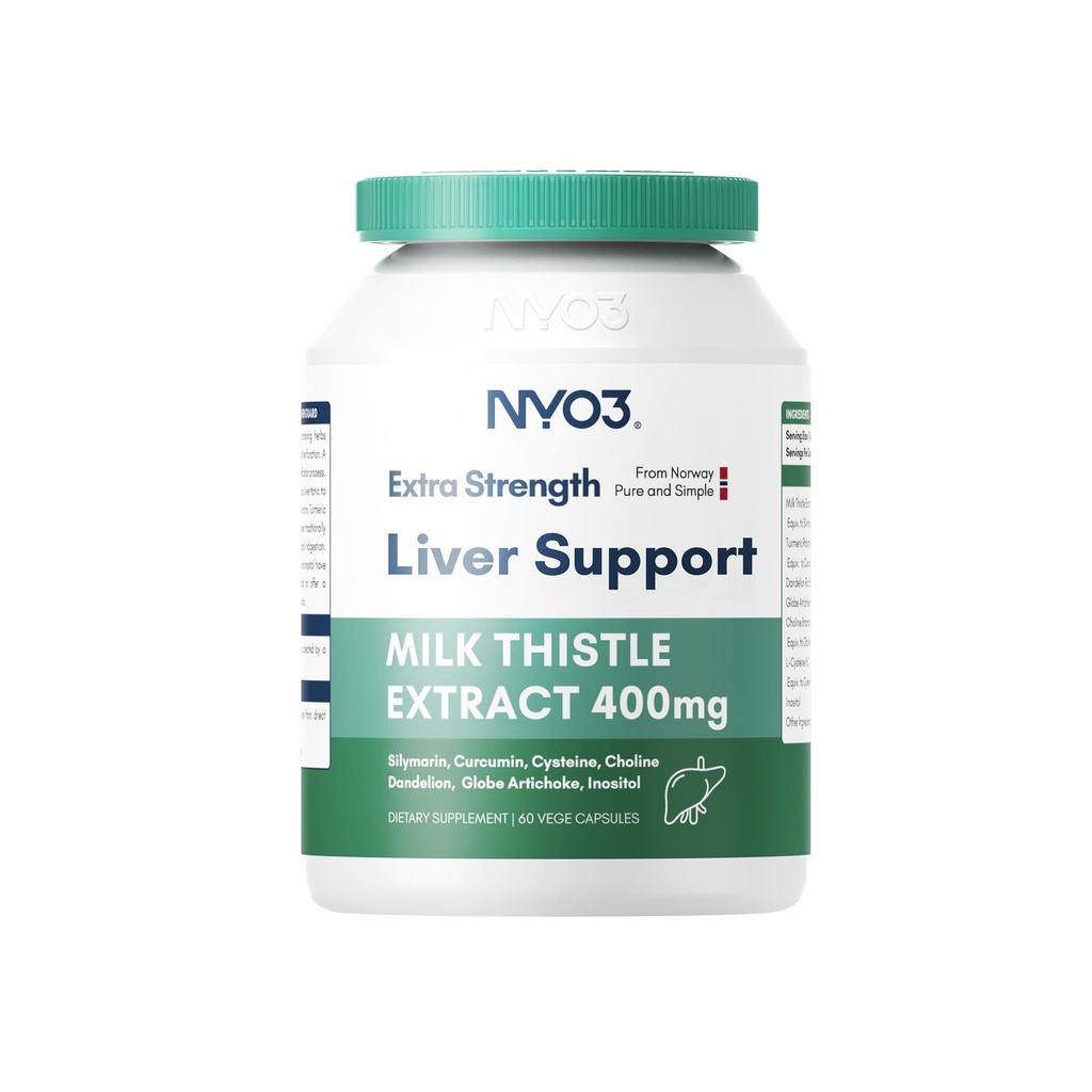 NYO3 28000mg Milk Thistle 70:1 Extracto 400mg con Curcumin & Artichoke, 83% Silymarin, 60 Day Supply, Herbal Supplement for Liver Cleanse Detox " Repair, Antioxidant Support, Non-GMO