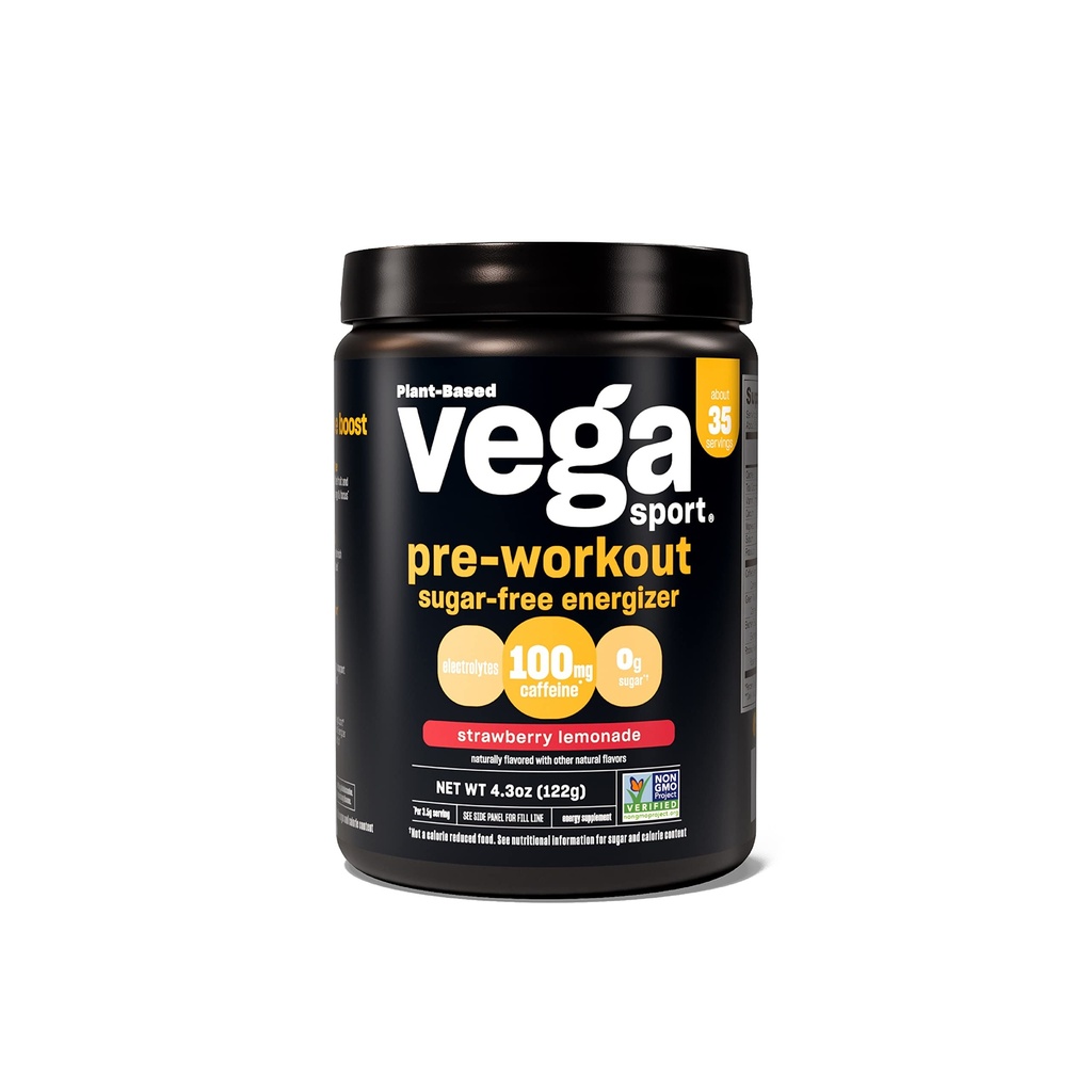 Vega Sport Sugar Free Pre-Workout Energizer, Strawberry Lemonade - Pre Workout Powder for Women &amp; Men, Supports Energy and Focus, Electrolytes, Vegan, Keto, Gluten Free, Non GMO, 4.3 oz