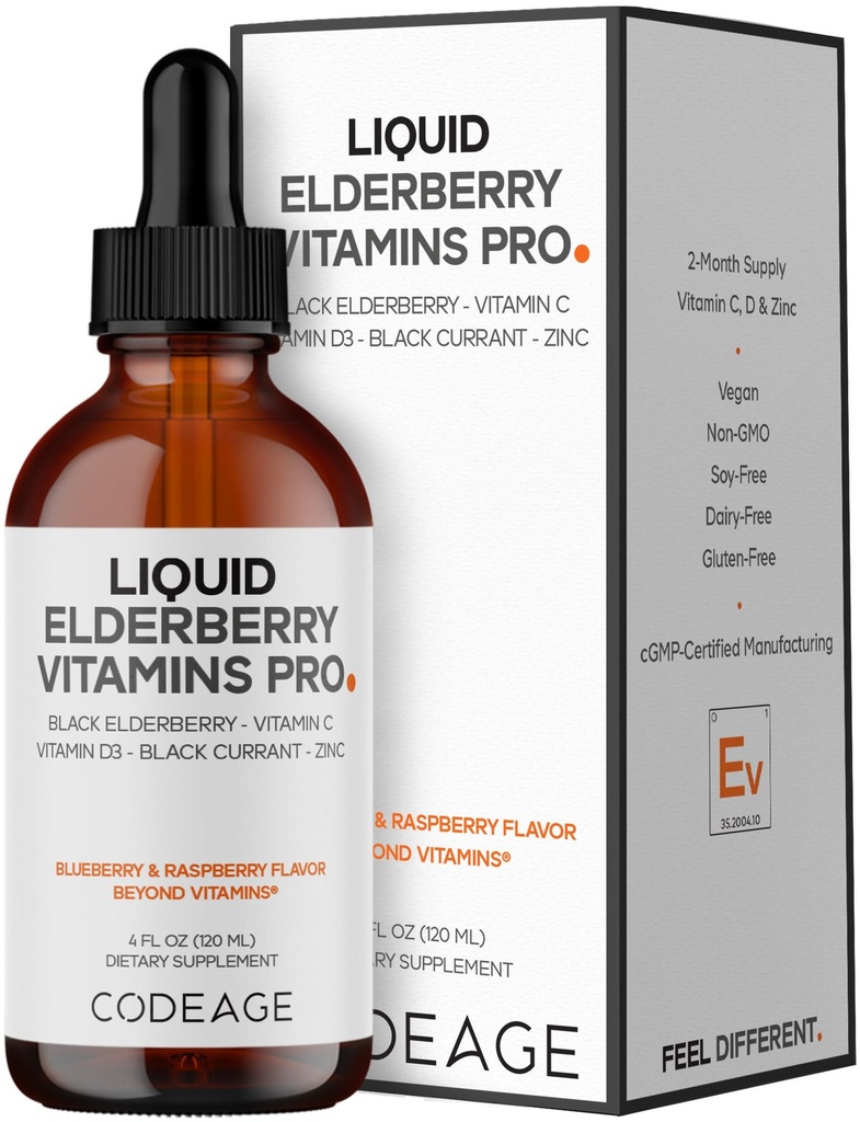 Codeage Elderberry Vitamins Pro - Organic Black Elderberry Liquid Drops - Vitamina C, D3, Zinc, Black Currant - Suministro de 2 meses - Black Sambucus Liquid - Suplemento para Adultos &amp; Niños - 4 fl oz
