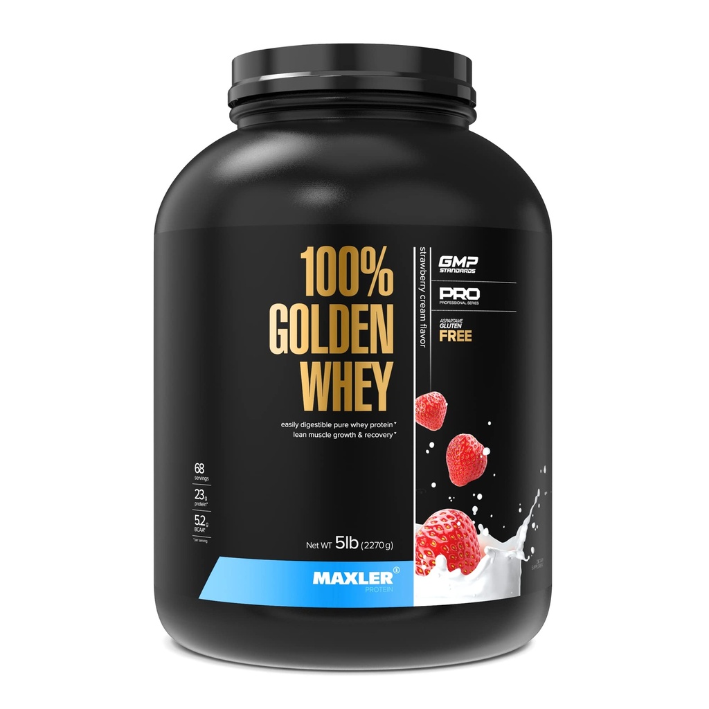 Maxler 100% Golden Whey Protein - 23g de Whey Protein Premium Powder por Serving - Pre, Post & Intra Workout - Fast-Absorbing Whey Hydrolysate, Isolate & Concentrate Blend - Strawberry Cream 5 lbs