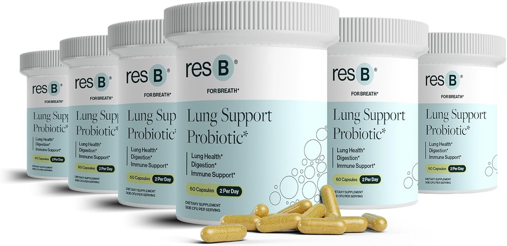 resbiótico resB Lung Support Probiotic Supplement - Lung Health Supplement for Smokers, Gut Health, Immune Support, Respiratory Care, Holy Basil, Turmeric, Clinically Trialed - 360 Capsules (6 Bottles)