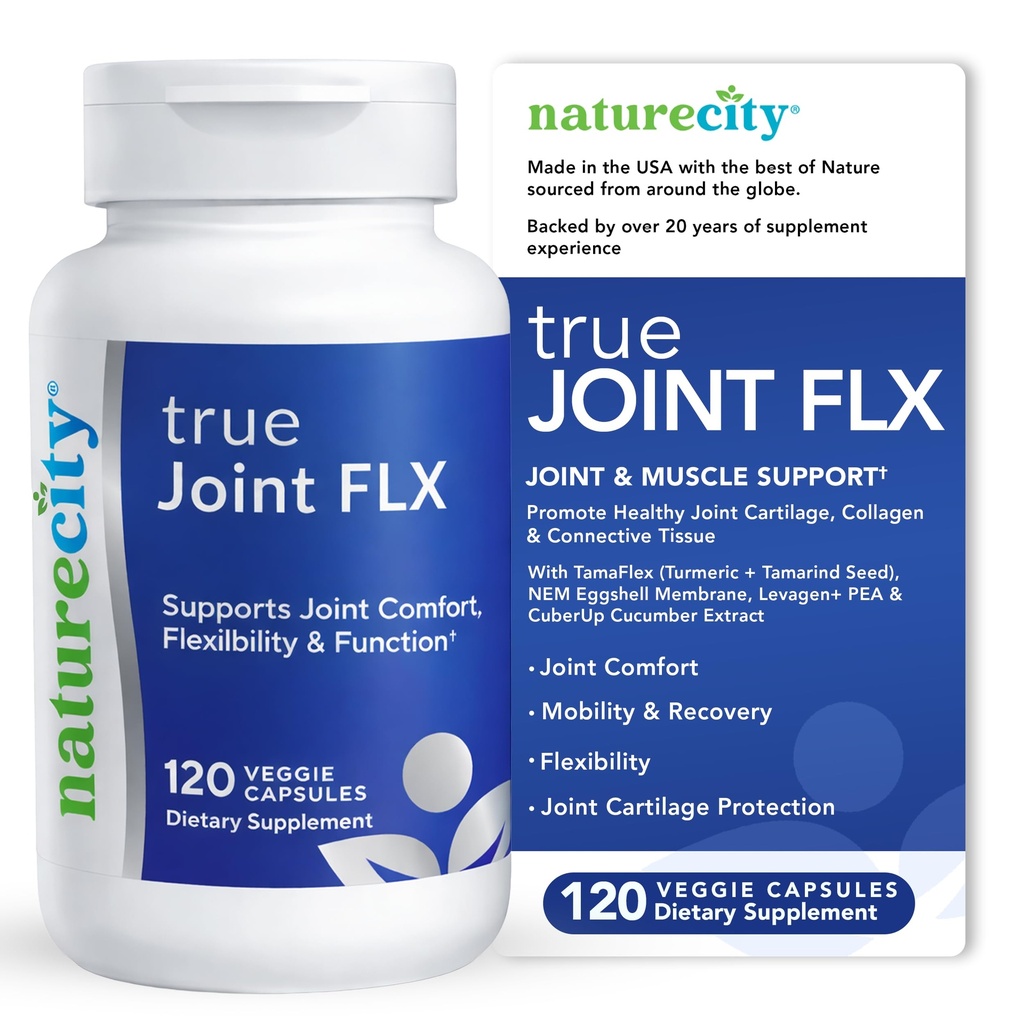 NatureCity True-Joint FLX Joint Supplement Fórmula (120 Capsules)   TamaFlex, NEM Eggshell Membrane, Levagen+ PEA &amp; CuberUp Apoyos Joint Comfort, Flexibility, Mobility, Function & Cartilage Health
