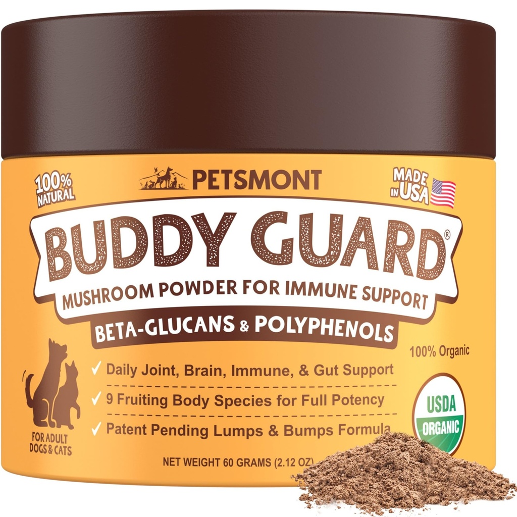 Petsmont Buddy Guard for Lumps and Bumps, Lipoma for Dogs & Cats, Pattent Pending Organic 8 Mushroom Powder Blend Natural Dog Probiotic & Immune Support Chaga, Reishi, Lion's Mane, Turquía Tail Mushroom