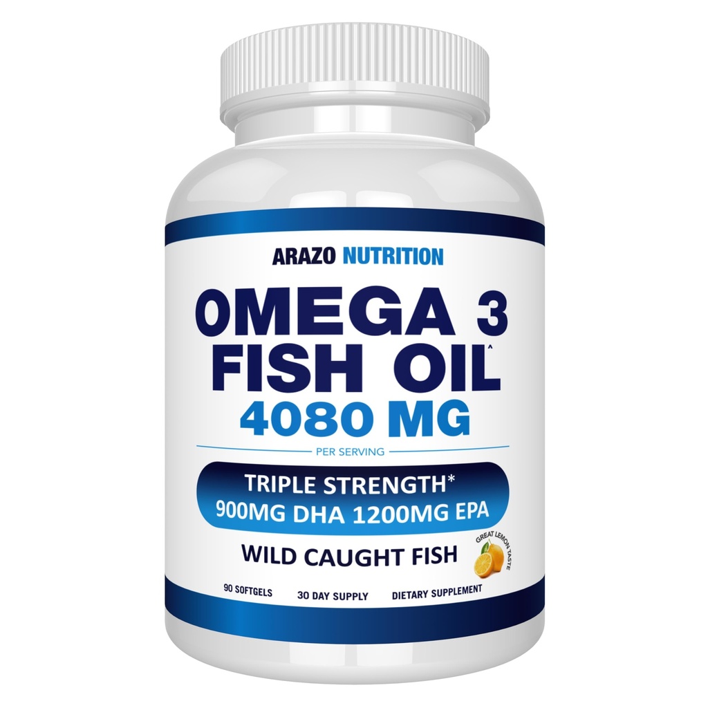 Arazo Nutrition Wild Caught Omega 3 Fish Oil – 90 Soft Gels – 4.080mg High EPA 1200mg DHA 900mg Lemon Flavor Burpless Softgels