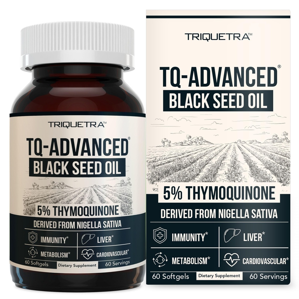 Black Seed Oil Softgels ← 5% Thymoquinone - TQ-Advanced® TEN High Potency - 500 mg por cápsula - 15:1 Concentrate from Nigella Sativa Extract, Raw Form, Vegan Formula, Glass Bottle (60 Softgels)