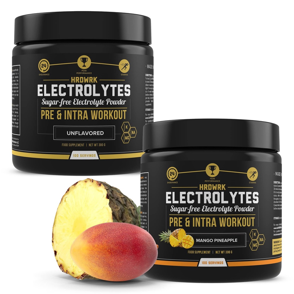 HRDWRK - 100 Servings Keto Electrolytes Powder Hydration Sugar Free - Electrolyte Powder to Boost Endurance &amp; Reduce Fatiga con Electrolytes Suplemento - Unflavored &amp; Mango Pineapple Set