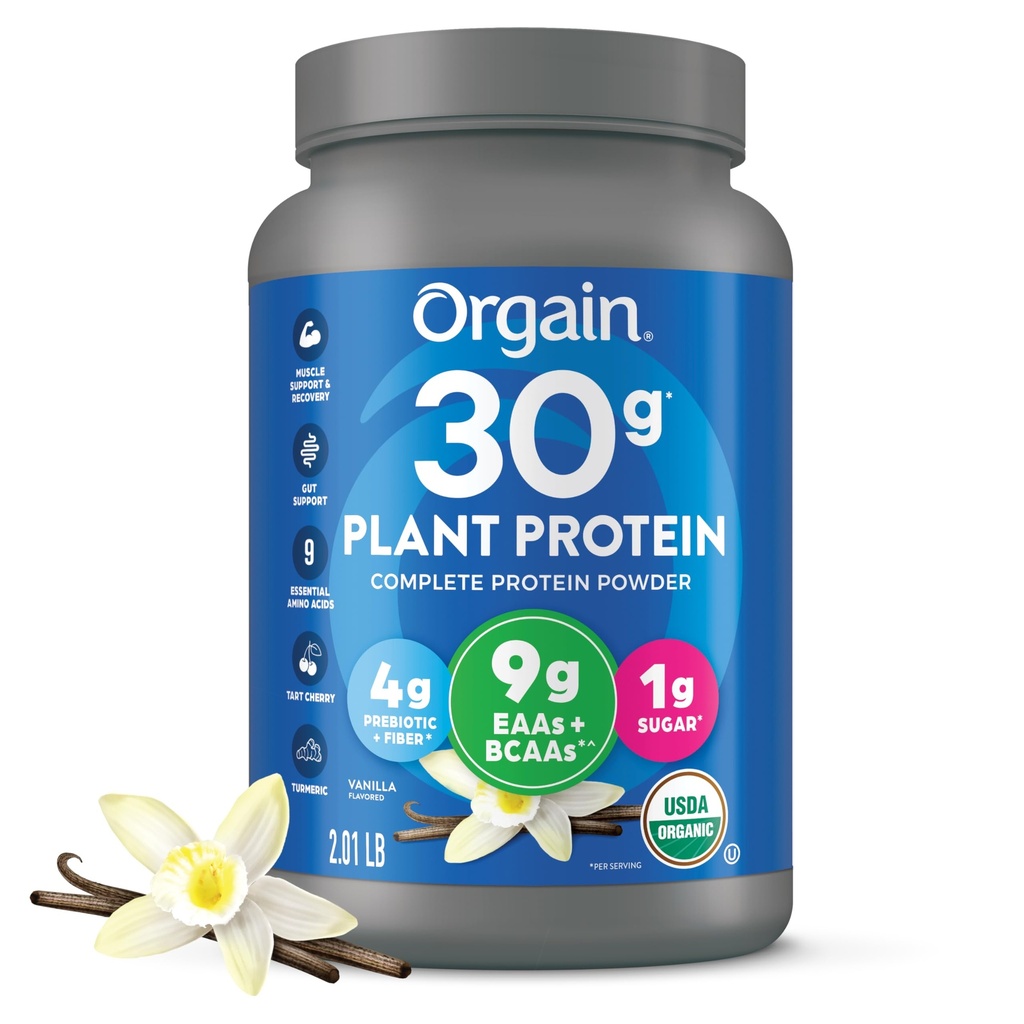 Orgain Organic 30g Vegan Plant Protein Powder, Vainilla, 9g EAAs + BCAAs, High Plant Protein, 4g Prebiotic + Fiber, 1g Sugar, Pre-Workout, Muscle Support + Recovery - 2.01lb (Packaging May Vary)