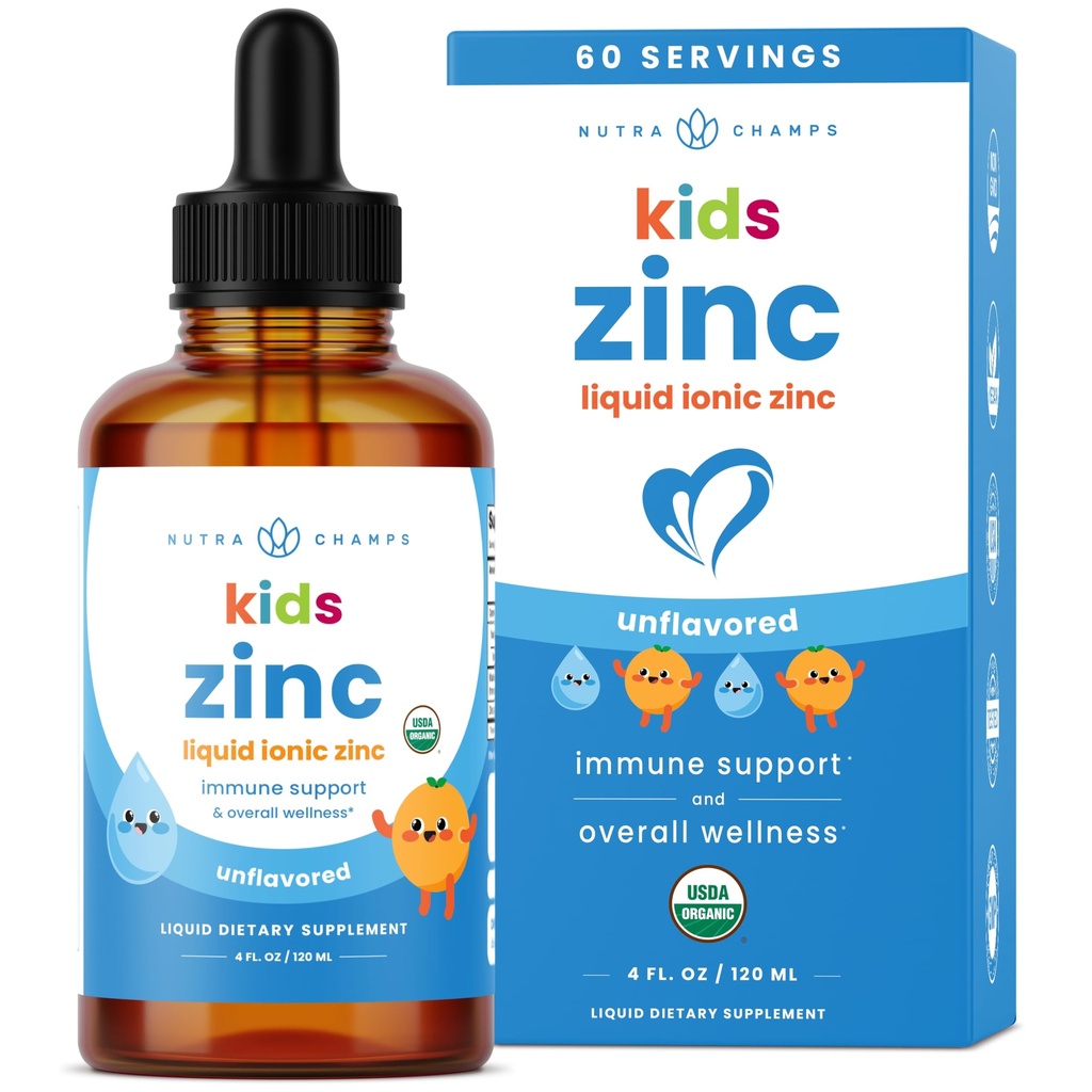 NutraChamps Liquid Zinc Drops for Kids, Ionic Zinc Drops Enhanced with Vitamin C for Children, Sugar-Free 4 oz, Vegan &amp; Non-GMO, Tangerine, 60 Servings, 2 Month Supply