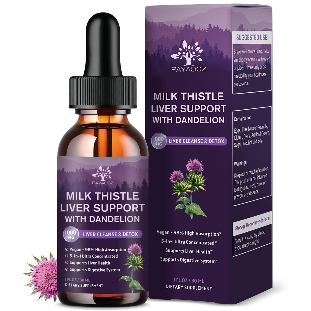 (4 Pack) Milk Thistle Liquid Drops Silymarin 1000mg, Liver Supplement Detox &amp; Cleanse with Dandelion & Artichoke, Milk Thistle Organic Extract for Support Repair Liver Health, Vegan, Non-GMO, 1 Fl Oz