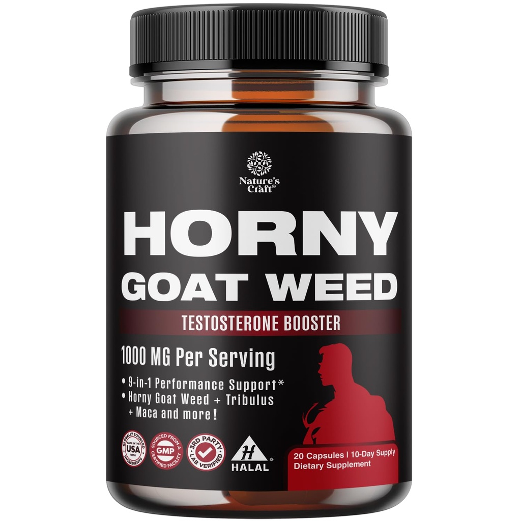 Horny Goat Weed for Male Enhancement - Extra Strength Horny Goat Weed for Men 1000mg per Serving Complex with Tongkat Ali Saw Palmetto Extract Panax Ginseng y Negro Maca Root for Stamina & Energy