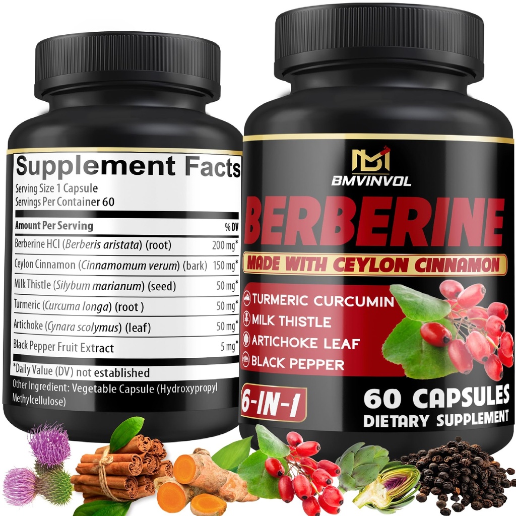 Suplemento de bereberina con canela de Ceylán, Turmeric, Artichoke, Milk Thistle - Berberine HCl Suplemento píldoras - 60 cápsulas [2-Month Supply]