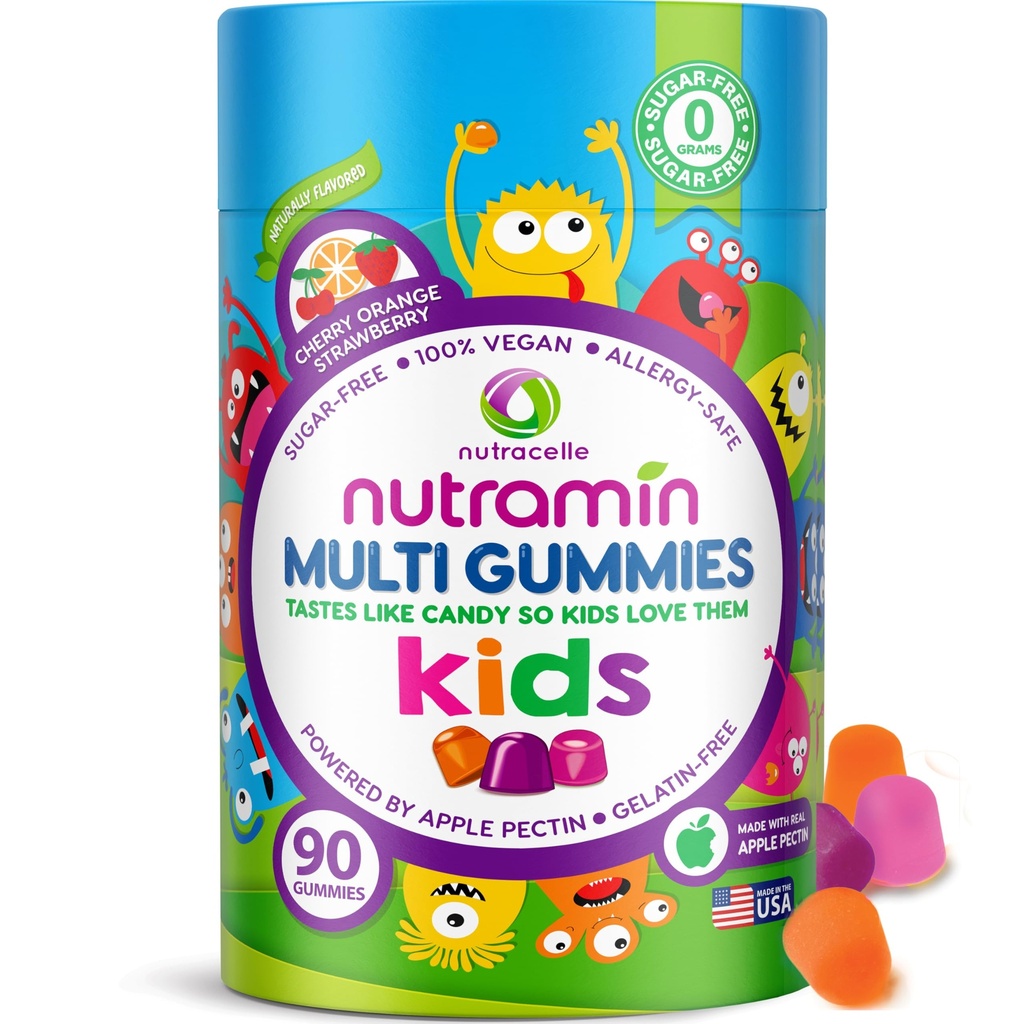 Nutracelle NUTRAMIN Libre de Azúcar, Libre de Alérgenos 100% Vegan Gummy Multivitamínico para Niños - Gran Tasting Natural Gummies A sus Niños les encantará - 90 Conde Bottle