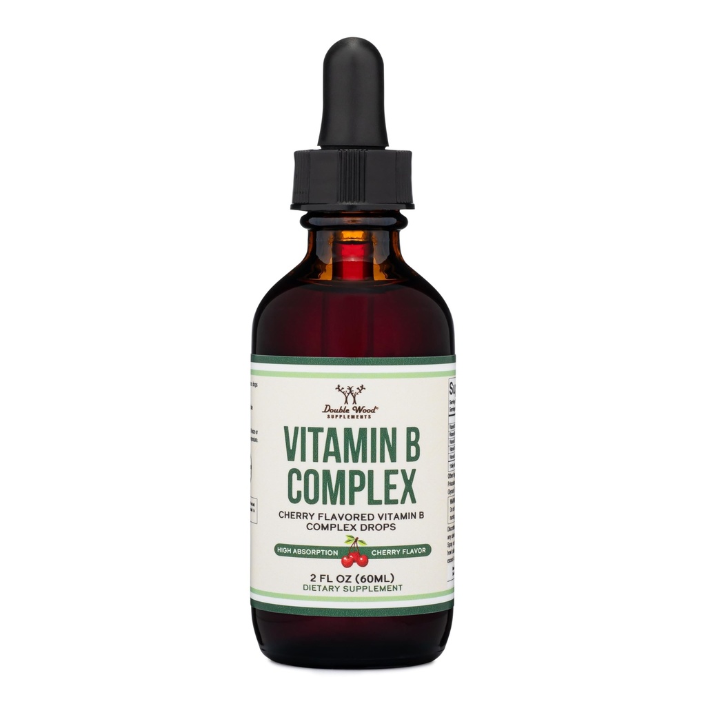 Suplementos de madera doble Complejo de vitamina B líquido - 2 Mes de suministro - Max Absorption - B3, B6, B7 (Biotin), B9, y vitamina B12 - Cherry Flavor - 2 FL OZ
