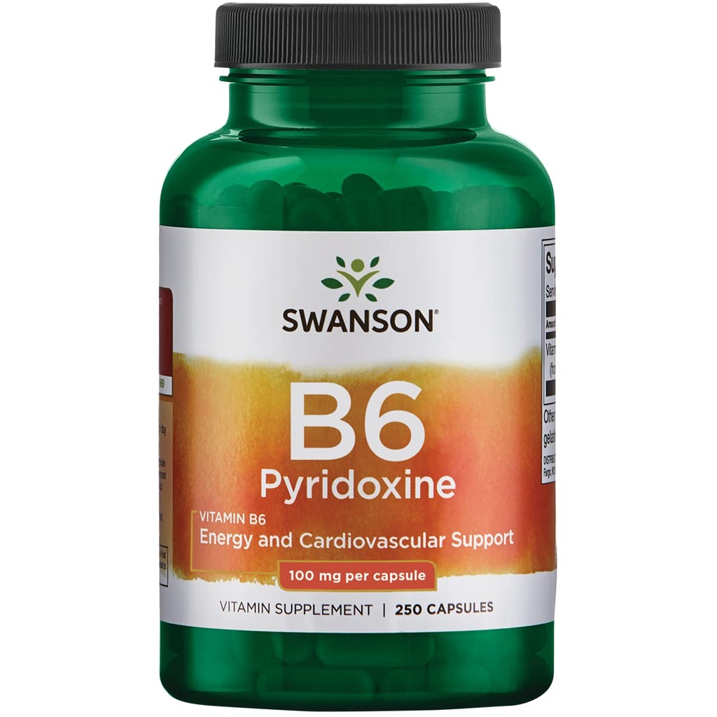 Swanson B6 Pyridoxina - Suplemento de vitaminas Promoción de la Salud Cardiovascular & Energía Metabolismo - Fórmula Natural Promoción Bienestar general - (250 cápsulas, 100 mg cada uno)