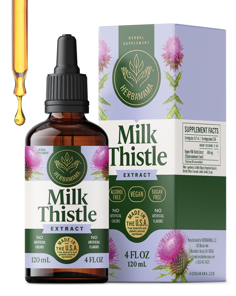 HERBAMAMA Milk Thistle Suplemento para Detox - Suplemento de soporte para hígado - Contiene Silymarin - Vegan, No GMO, Alcohol &amp; Sugar-Free, 56 días de suministro