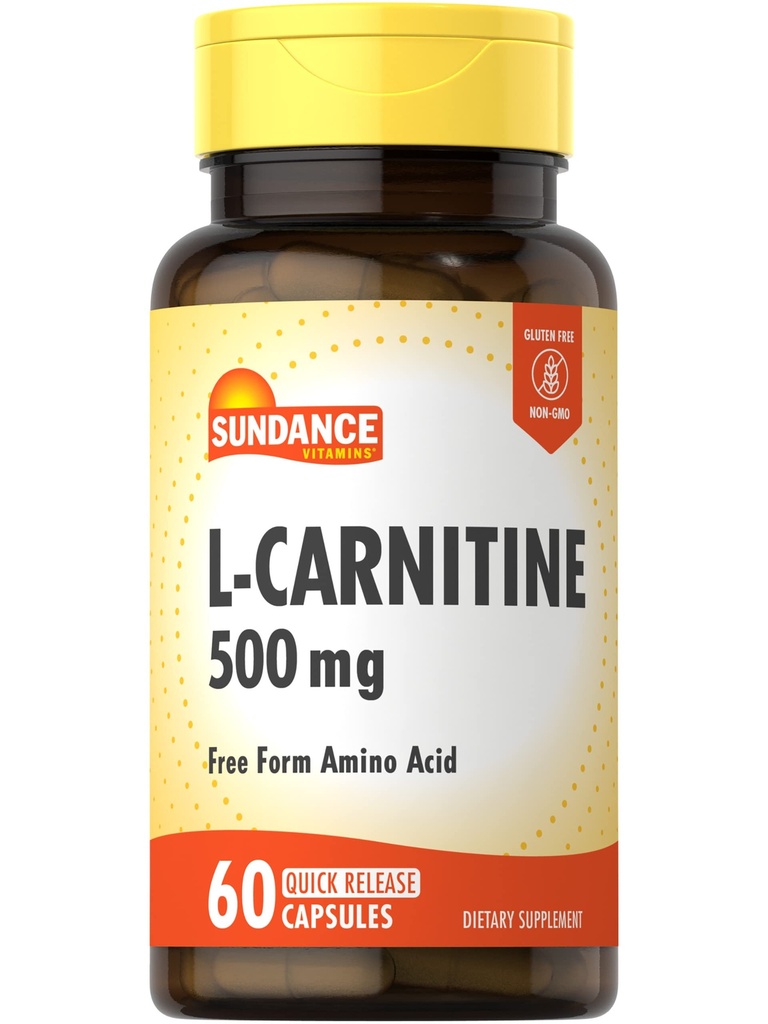 Sundance L-Carnitine Tartrate Suplemento 500mg Silencio 60 Capsules Silencio Forma libre Aminoácidos Silencio No GMO y Gluten Píldoras Gratis