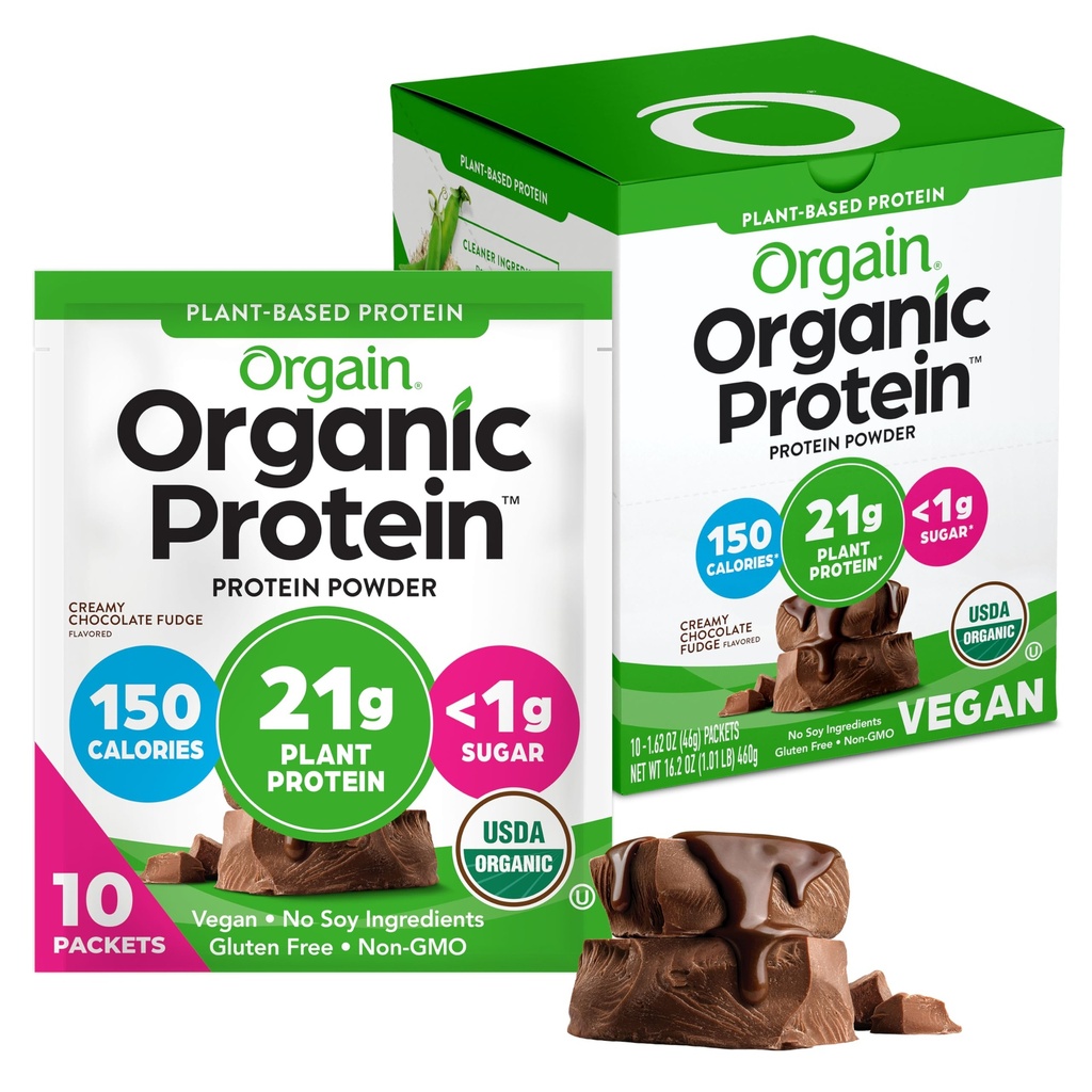 Orgain Orgain Orgain Pólvora de Proteína Vegana Orgaina, Cerdo de Chocolate Creamy - 21g Proteína vegetal, fibra prebiótica de 6g, carbohidratos bajos, sin ingredientes de lactosa, sin azúcar añadido, no fumador, para sacudidas " Smoothies, 10 paquetes de viaje