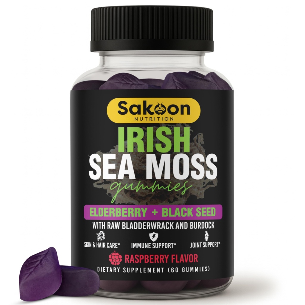 Mar irlandés Moss Gummies with Elderberry &amp; Black Seed Oil - Wellness general Apoyo ← Rich in Vitamins, Raspberry Flavor ← 60 Gummies