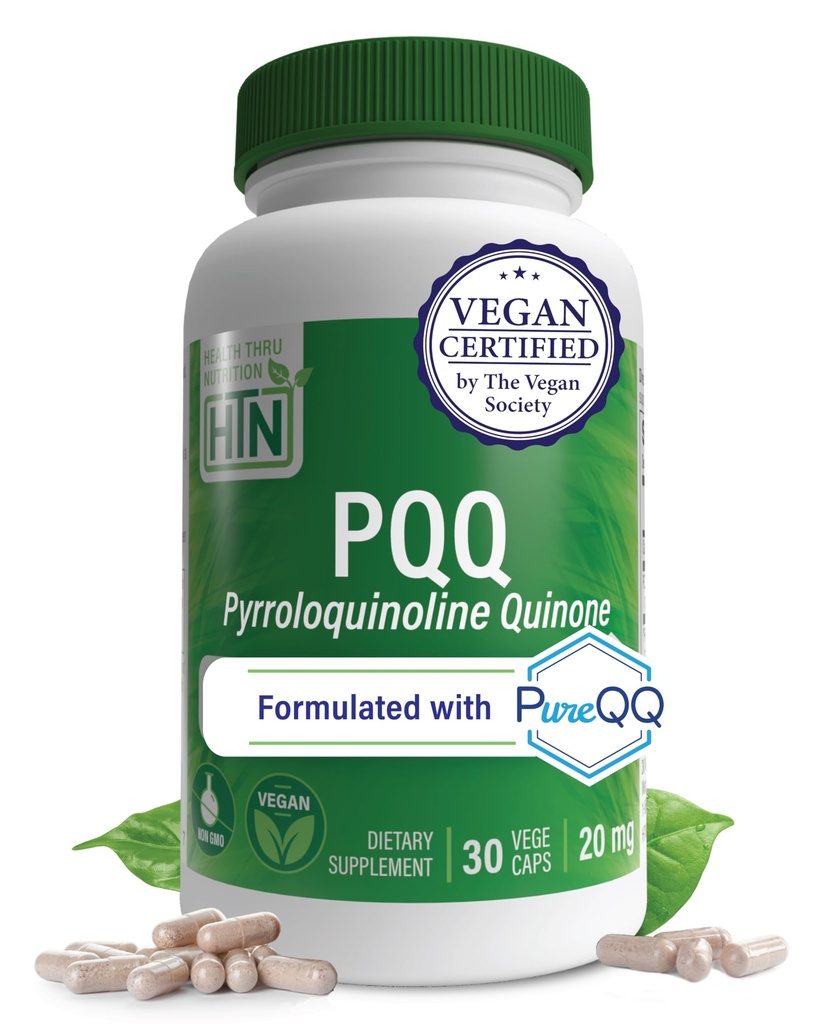 Salud Thru Nutrition PQ 20mg 30 Servidores Pyrroloquinoline Quinone como PureQQQ ← Promueve la Biogenesis Mitocondrial ANTE Certified Vegan ← No Gluten Soy Capsules Libres de Soja Vida Limpia Label PQ Suplemento