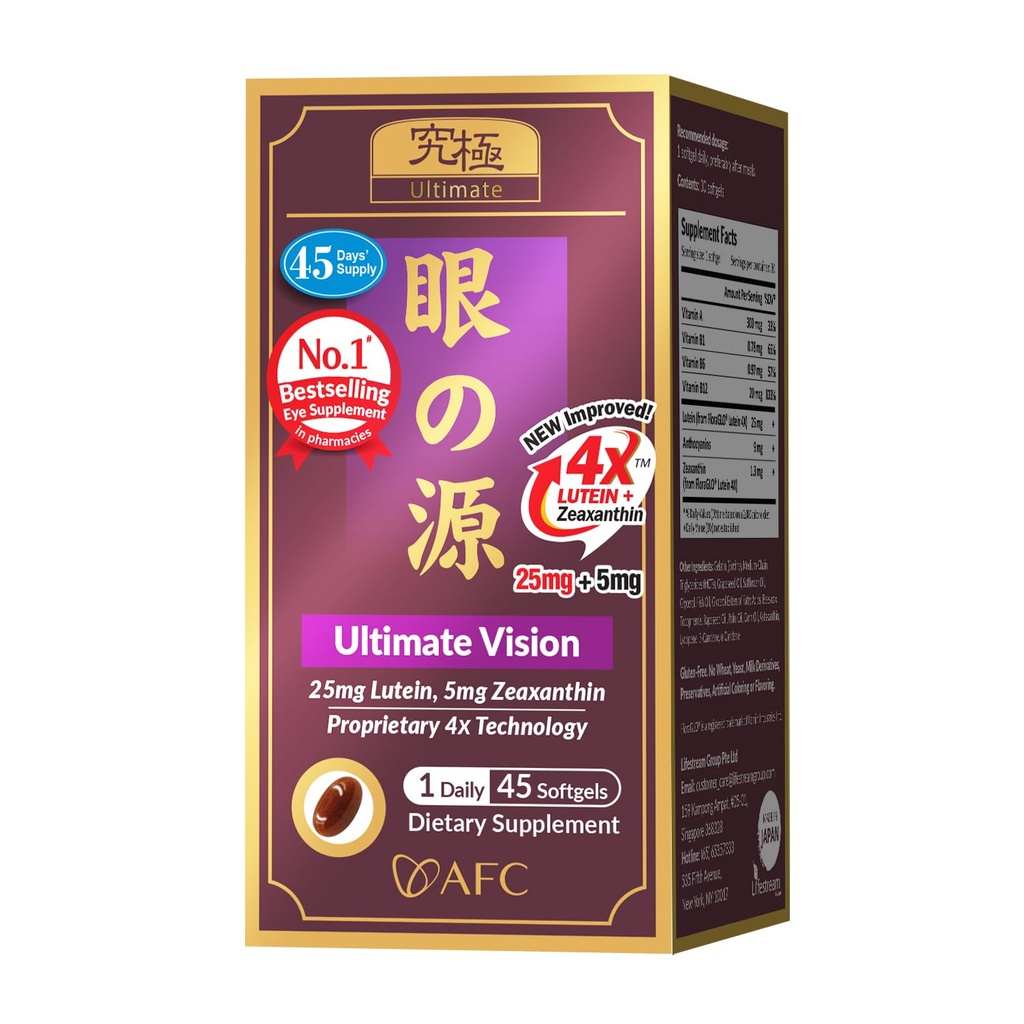 AFC Japón Ultimate Vision 4X - Fórmula Ocular mejorada con Lutein 4X, Zeaxanthin, Extracto de Bilberry y vitaminas para problemas oculares relacionados con la edad, Blurry &amp; Poor Vision, Ojo seco, Macular Health 45s