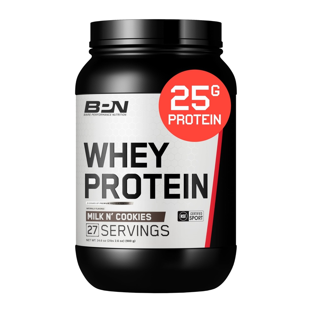 BARE PERFORMANCE NUTRITION, BPN Whey Protein + Casein Protein Powder Blend, Milk N' Cookies, 25g Proteína por Serving Asistencias Lean Muscle Recovery, 27 Servimientos, Tercera Parte Tested