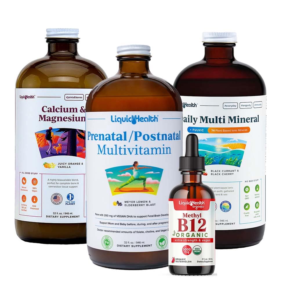 LIQUIDHEALTH Women's Health &amp; Vitality Daily Liquid Multivitamin Bundle with Prenatal/Postnatal Multivitamin, Calcium &amp; Magnesium, Daily Multi Mineral, &amp; Organic Vitamin B12 Drops - USA Made, Non-GMO