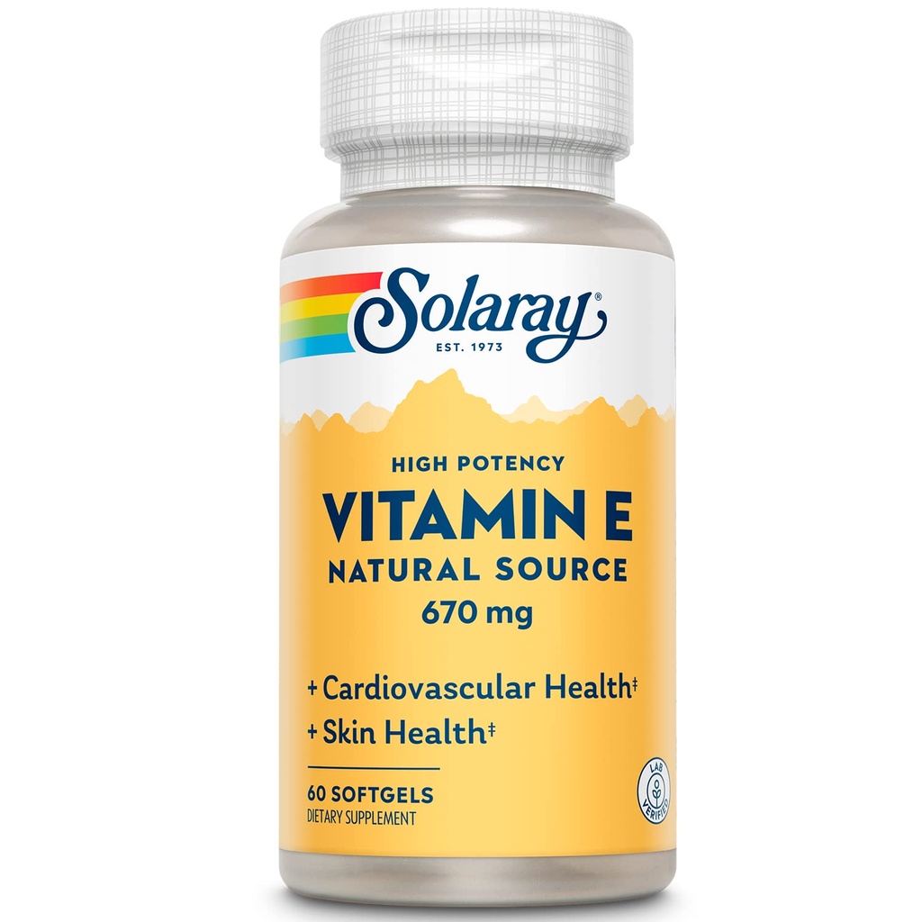 SOLARAY Vitamina E 1000 IU Softgel Capsules, 670 mg - d Alpha Tocopherol Vitamin E Suplementos - Skin Health, Heart Function and Antioxidant Support - 60-Day Guarantee - 60 Servings, 60 Softgels