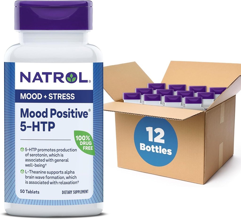 Natrol Mood Positivo 5-HTP 50mg con L-Theanine, Vitamina B6, Vitamina B12 y Folate, Suplemento dietético ayuda a apoyar un Mood positivo, 50 Tabletas, 25-50 Day Supply (Pack of 12)