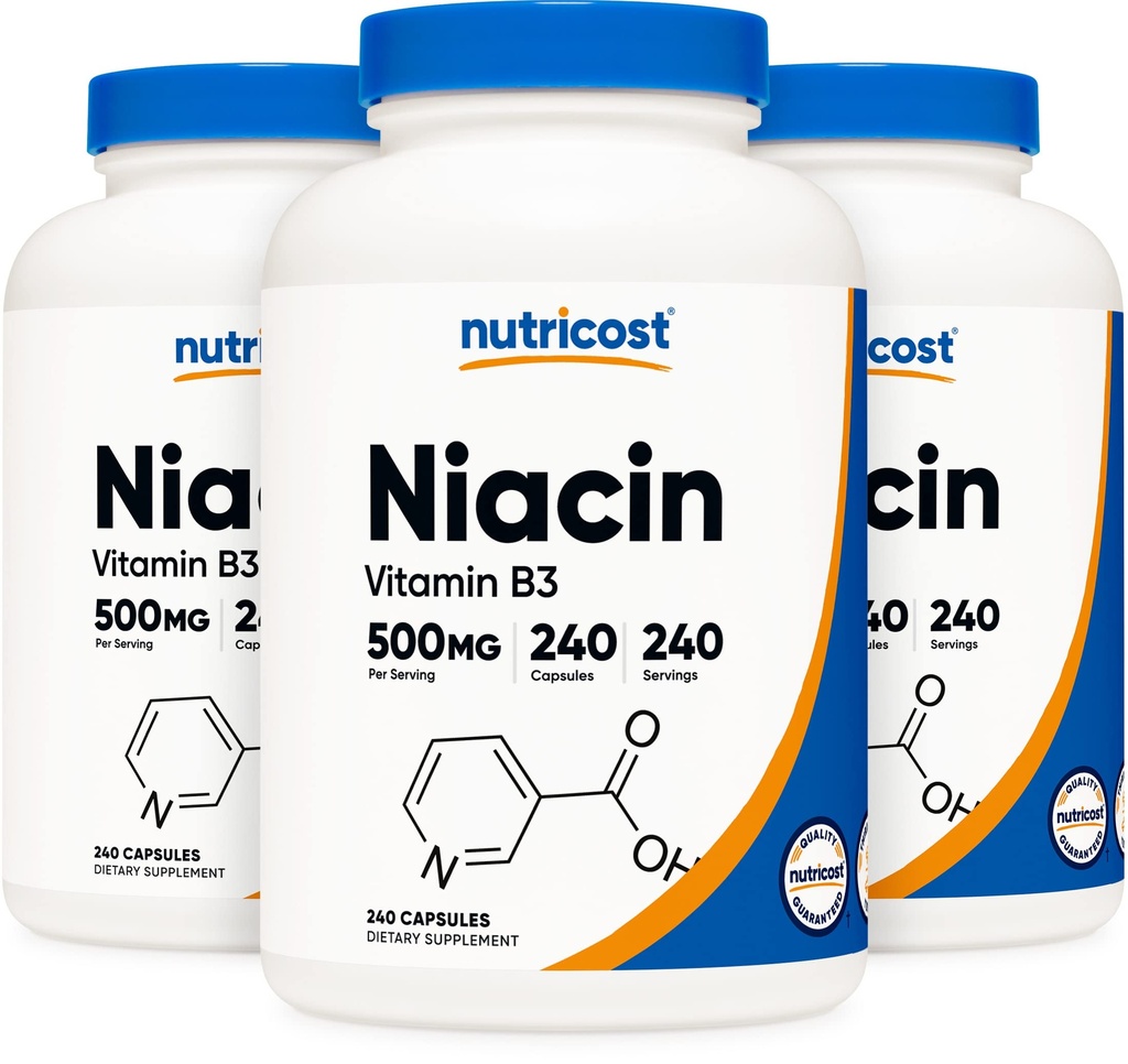 Nutricost Niacin (Vitamin B3) 500mg, 240 cápsulas (3 botellas) - Niacin Flush