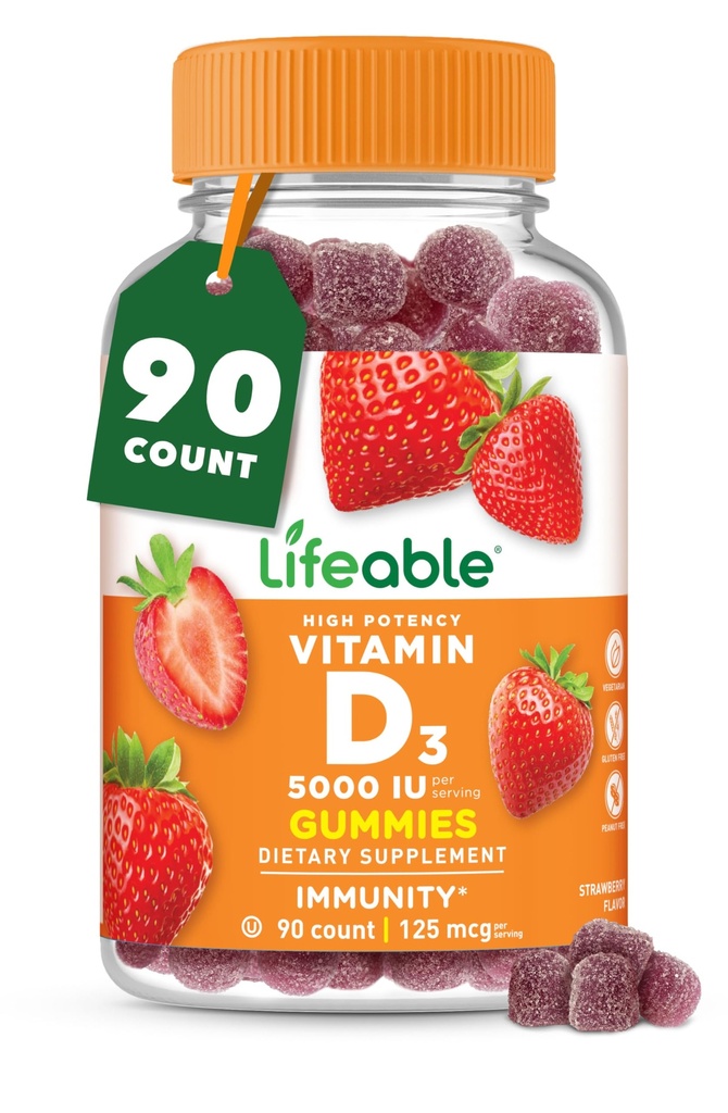 Vitamina D Gummies for Adults tención 5000 UI ← Gran Tasting D3 Vitamina Silencioso Soporte y Huesos Saludables Suplemento Vitamina D para Hombres, Mujeres TENIDO 90 Gummies ANTE Lifeable