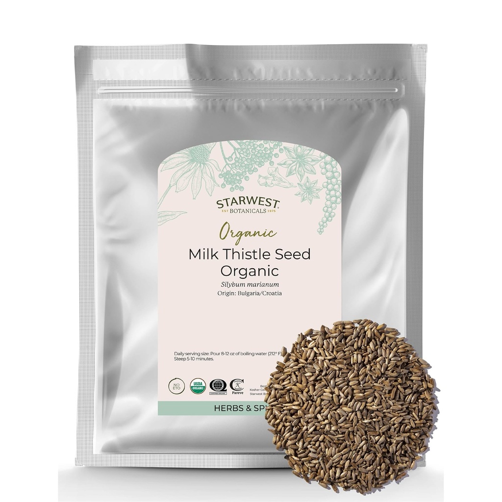 Starwest Botanicals Organic Milk Thistle Seed Whole - Loose Leaf Milk Thistle for Tea & Cooking, Mix in Juice, Add to Smoothies, Oatmeal, " Yogurt, Certified Kosher, Non-GMO - Bulk 1 lb Bag