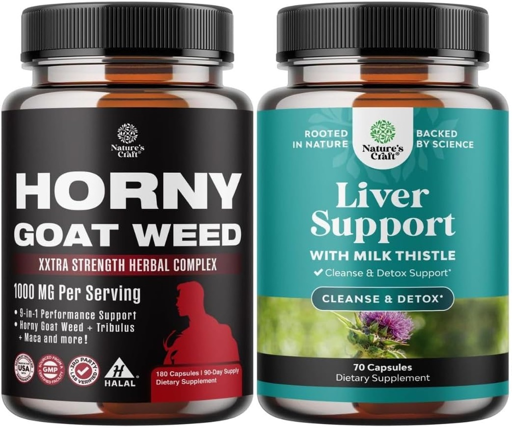 Bundle of Horny Goat Weed for Men - Extra Strength Male Supplement for Stamina & Energy and Liver Cleanse Detox " Repair - Silymarin Milk Thistle with Dandelion Root Choline Beetroot Artichoke Extract